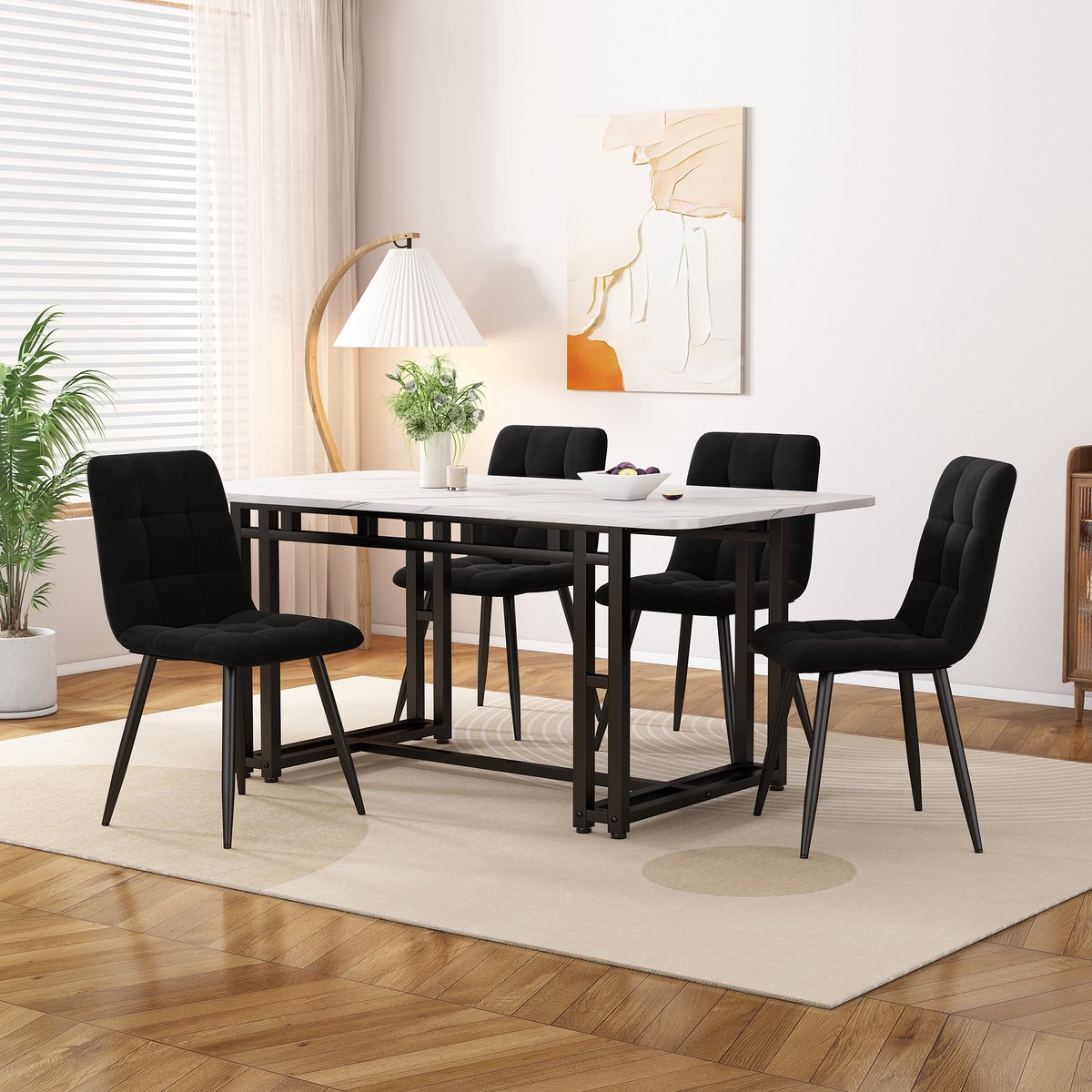 FloraGrace Eetkamerset 120 cm - Tafel Met 4 Fluwelen Stoelen - Voor Eetkamer Of Woonkamer - MDF En Metaal - Zwart