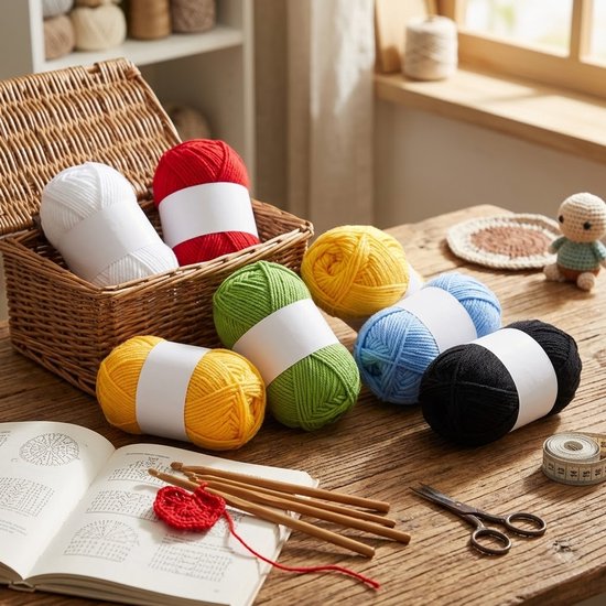 Blanc rouge jaune vert bleu clair noir set de fil 6 pièces coton acrylique fil à tricoter fil à crocheter multicolore fil artisanat pour crochet tricot et projets DIY convient pour écharpes sacs poupées et décorations