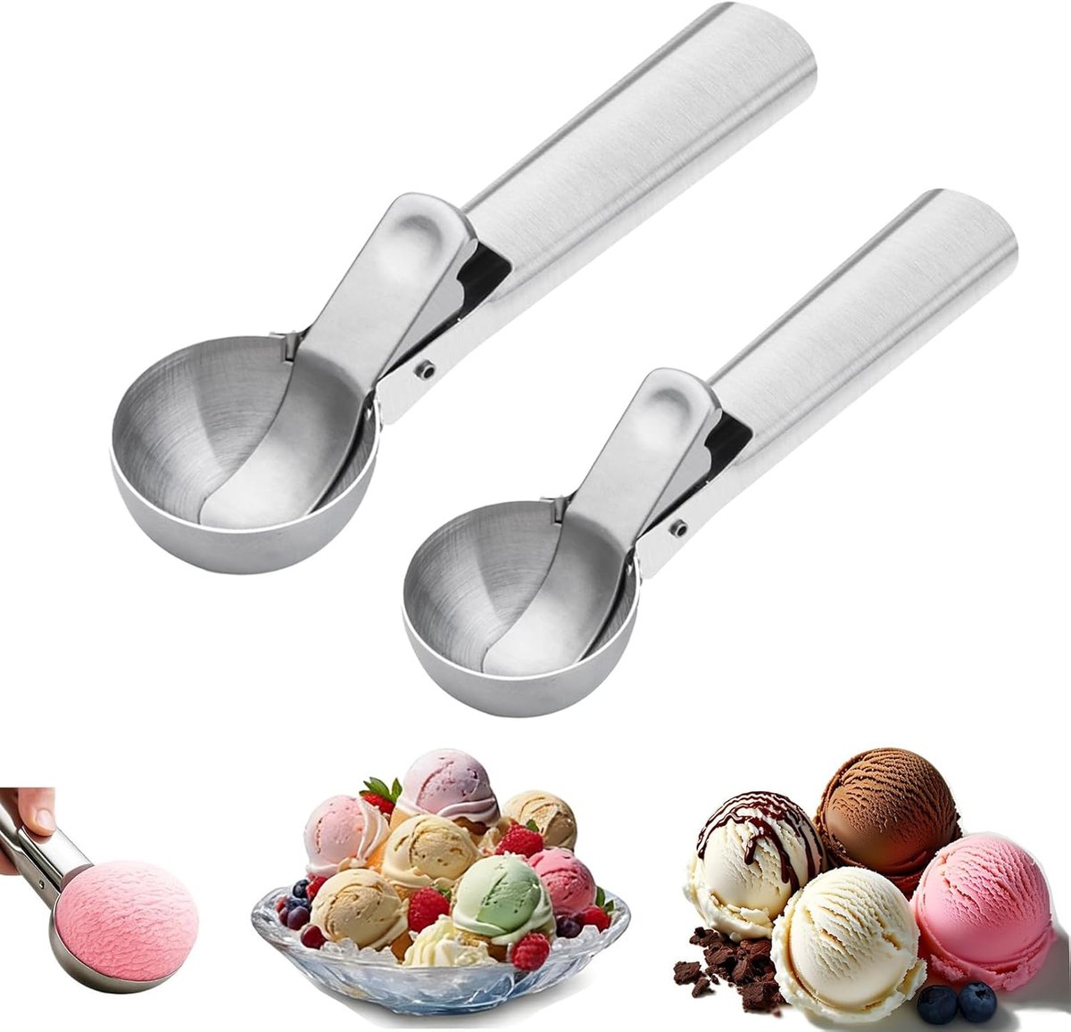 IJsschep 18cm - 2 stuks - ijslepel - IJsboltang - Olliebollentang - Oliebollen Schep - voor het scheppen van ijs, Cake Deeg, puree - RVS - Ø5cm en 5,5cm