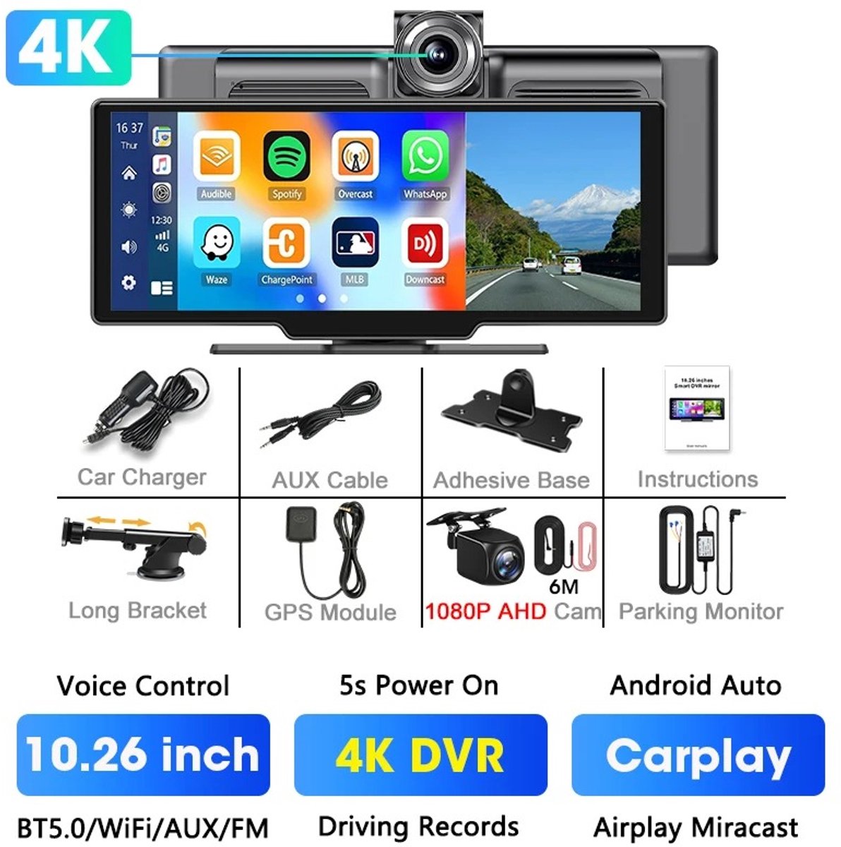 NordHaus Dashcam 4K met 26 cm Scherm - CarPlay Autoradio - Android Auto Display - Dual Camera Opname - Zwart Full Set