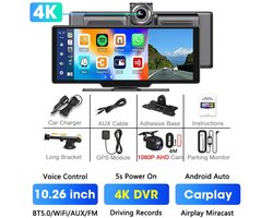 NordHaus Dashcam 4K met 26 cm Scherm - CarPlay Autoradio - Android Auto Display - Dual Camera Opname - Zwart Full Set