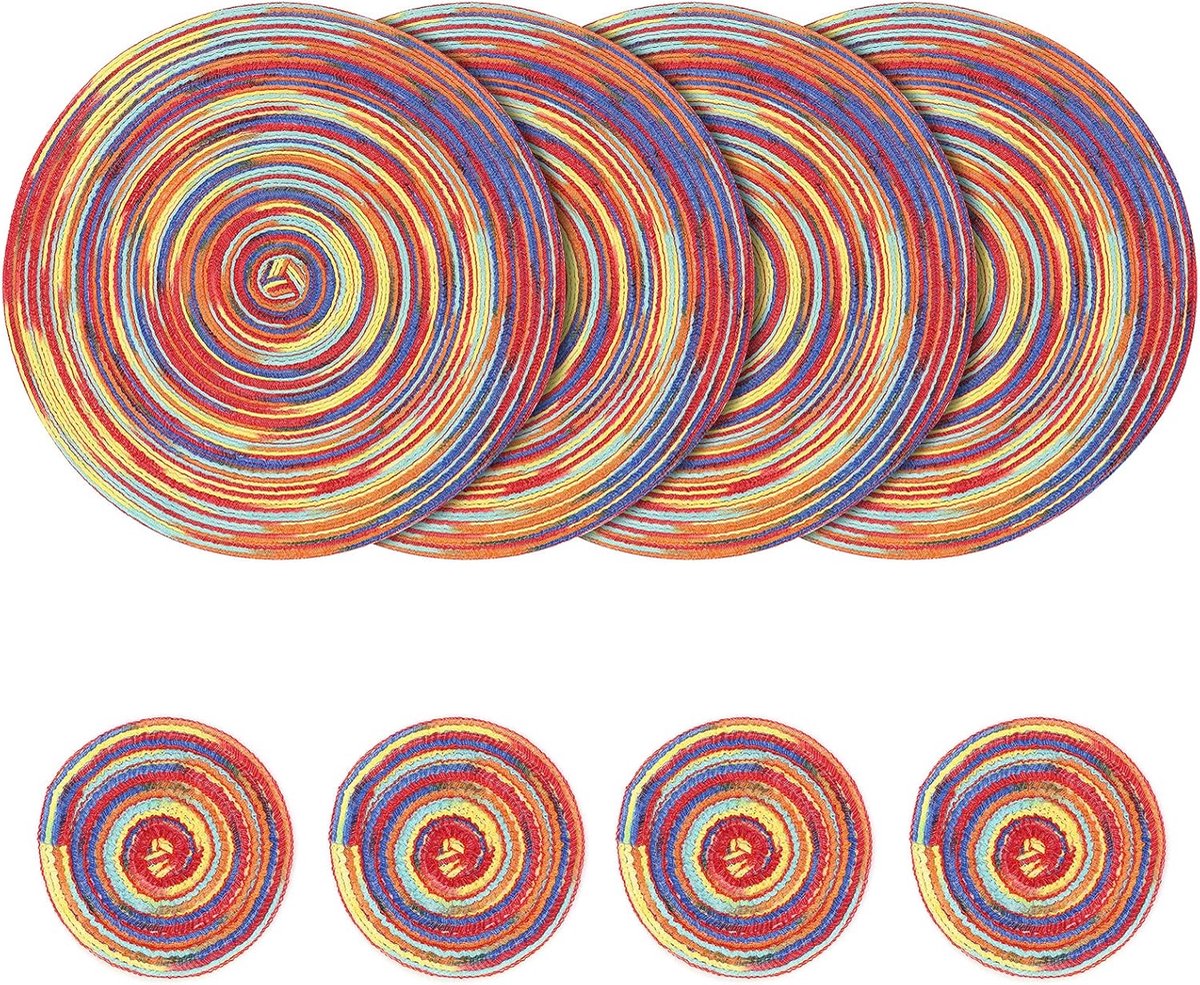 Woven Round Placemats - 8.5cm Cotton Placemats - 11cm Coasters - Heat Resistant - Washable - Voor Keuken Eettafel (Rood)