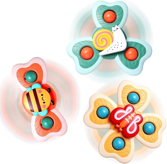 Taishengda - 3 jouets à ventouse rotatifs pour bébés à partir de 6 mois, fidget spinner insecte, jouets de bain sensoriels pour tout-petits, jouets rotatifs pour chaises hautes pour enfants