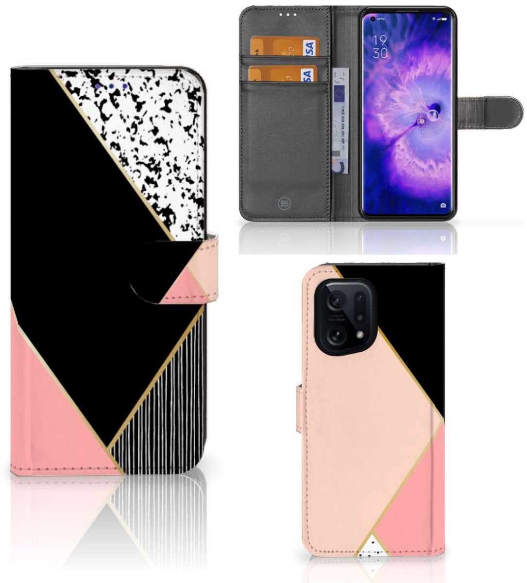 OPPO Find X5 Book Case Zwart Roze Vormen