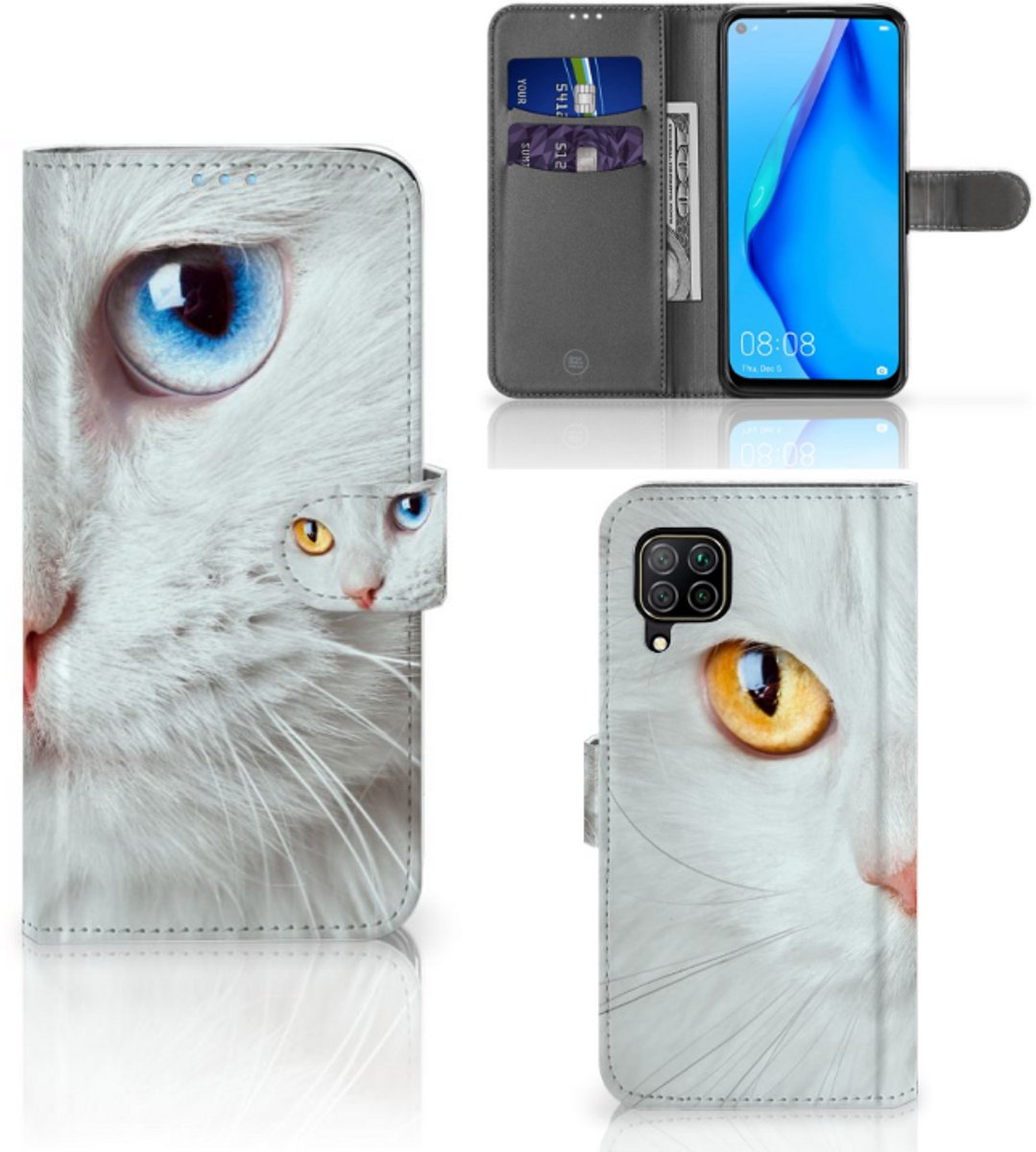 Huawei P40 Lite Telefoonhoesje met Pasjes Witte Kat