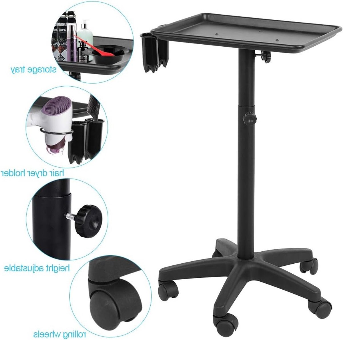 Verstelbare Haarsalon Trolley met Opslag, Aluminium Kar voor Schoonheidsinstrumenten en Accessoires, Ideaal voor Kappers en Beautysalons