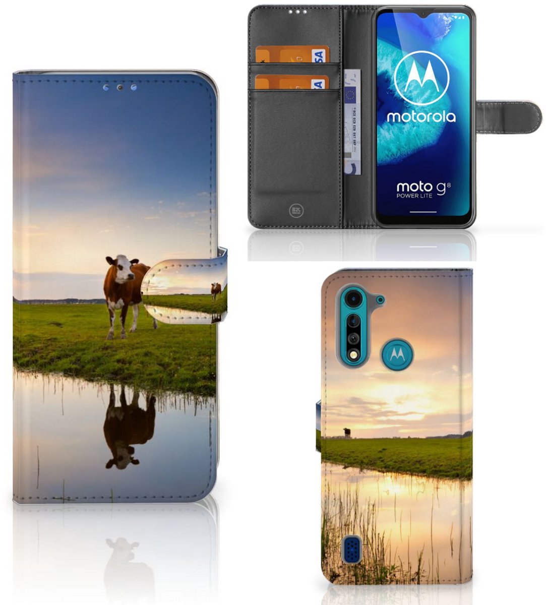 Motorola G8 Power Lite Telefoonhoesje met Pasjes Koe