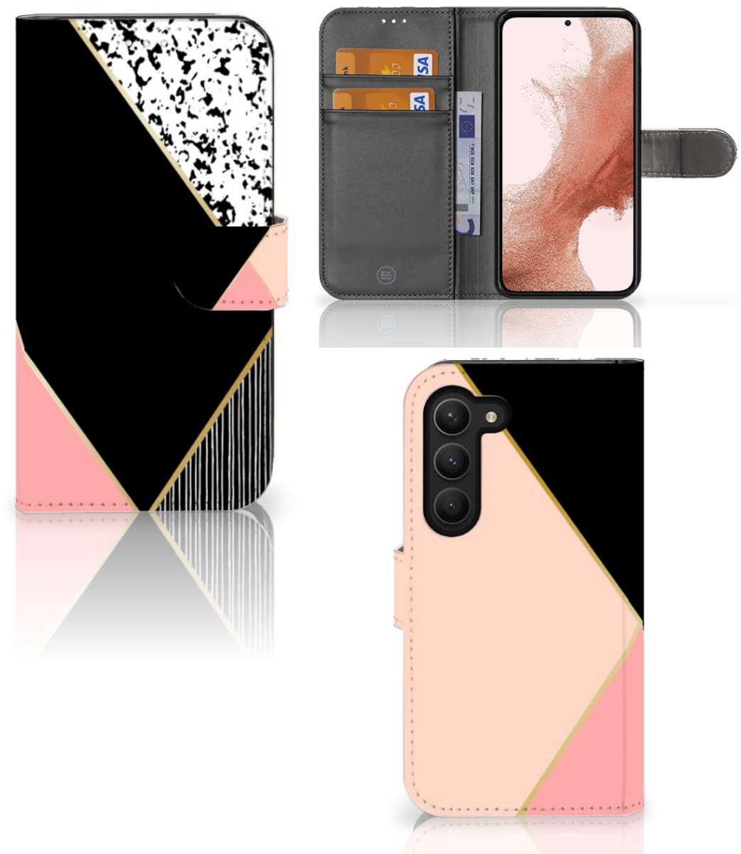 Samsung Galaxy S23 Book Case Zwart Roze Vormen