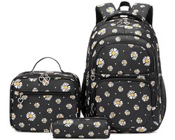 3-Delige schoolrugzakset met madeliefjespatroon — Inclusief lunchtas en etui; een lichte, waterbestendige boekentas/reisrugzak ontworpen voor tieners en scholieren — Zwart