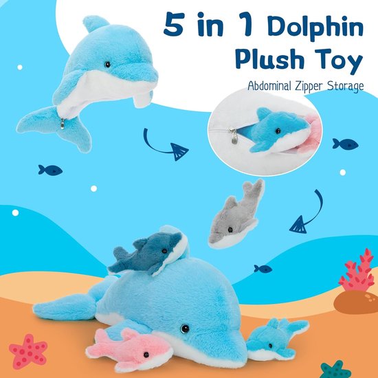 Dolfijn Pluche Knuffel - Zee Dieren Knuffel - Interactief Spelen - Familie Set met Baby's - 52 cm - Blauw — afbeelding 4