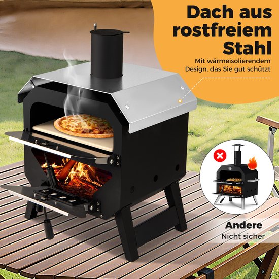 COSTWAY Outdoor Pizzaoven, Pizza Oven met Pizzaschep, Pizzasteen, waterdichte afdekking, roestvrijstalen dak & hittebestendige handgrepen, draagbare brandoven, houtoven voor picknick, BBQ-feest — afbeelding 4