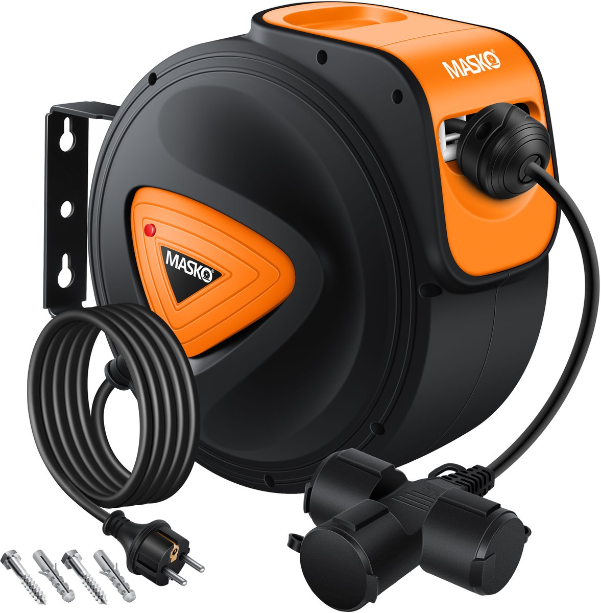 MASKO® Kabelhaspel 20 meter automatisch voor buiten met 3 stopcontacten Wandmontage 1,5m Aansluitkabel Inclusief Handschoenen - Oranje