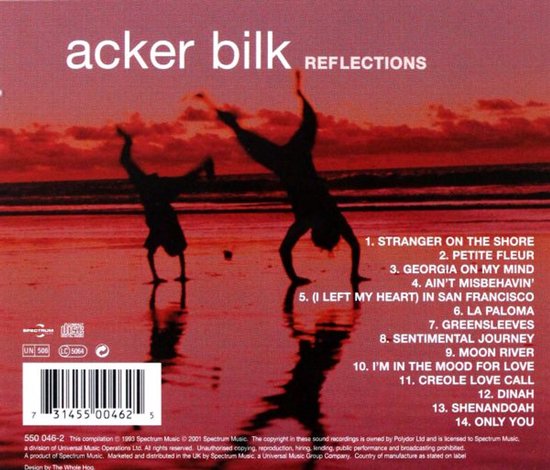 Acker Bilk REFLECTIONS. Achterkant albumhoes met nummers. Twee mensen doen een handstand op het strand.