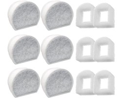 12-pack pet water fountain filter replacement pack, including 6 activated carbon filters and 6 foam pre-filters, compatible with various pet water fountains and bowls.