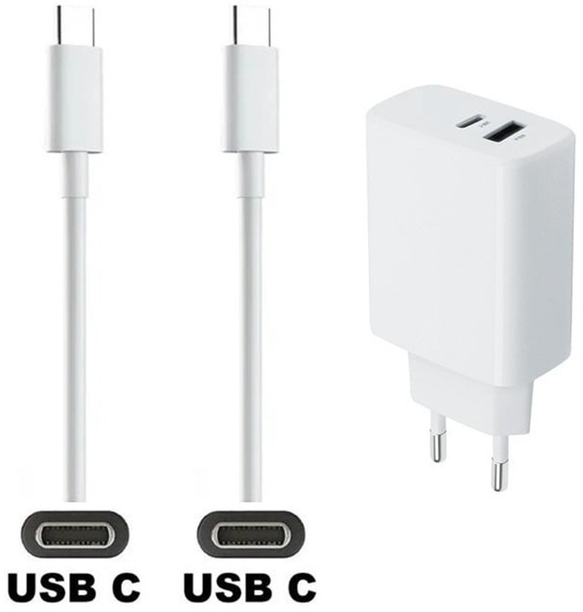 OneOne 25W super snellader met 2 poorten en screenprotector van glas voor iPhone 17 Pro Max. Oplader met sterke 2,0m USB C naar C kabel. Krachtige witte PD PPS lader adapter. Screenprotector past op Apple iPhone 17 Pro Max