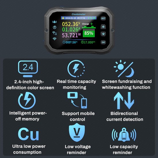 Batterijmonitor - Accubewaker - Batterijstatus controleren - Afstandsbediening via app - 10-100V 600A - Zwart — afbeelding 5