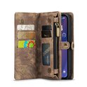 Bruin portemonnee hoesje met kaartsleuven, ritssluiting en iPhone 14 Plus.