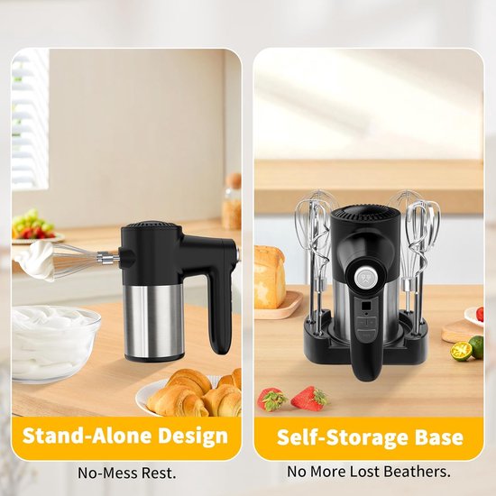 Wireless Hand Mixer, Digital Display, 7 Speeds, USB Rechargeable Electric Hand Mixer with 6 Stainless Steel Attachments, Whisk, Dough Hook and Base — afbeelding 3