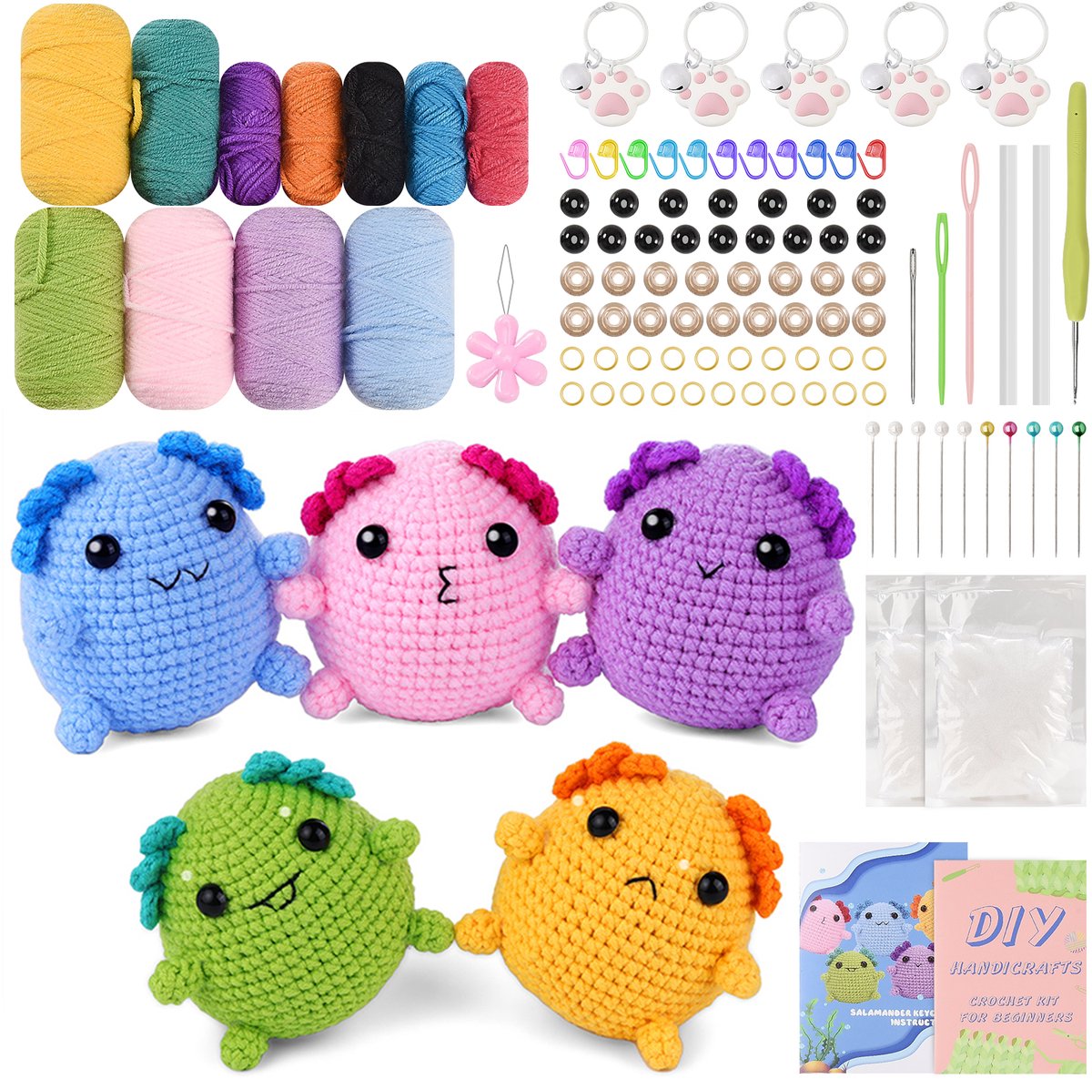 Haakpakket Salamander sleutelhangers (5 stuks) – Compleet Haakpakket voor Volwassenen en Beginners, Haken Pakket, DIY Amigurumi, Decoratie en Cadeau