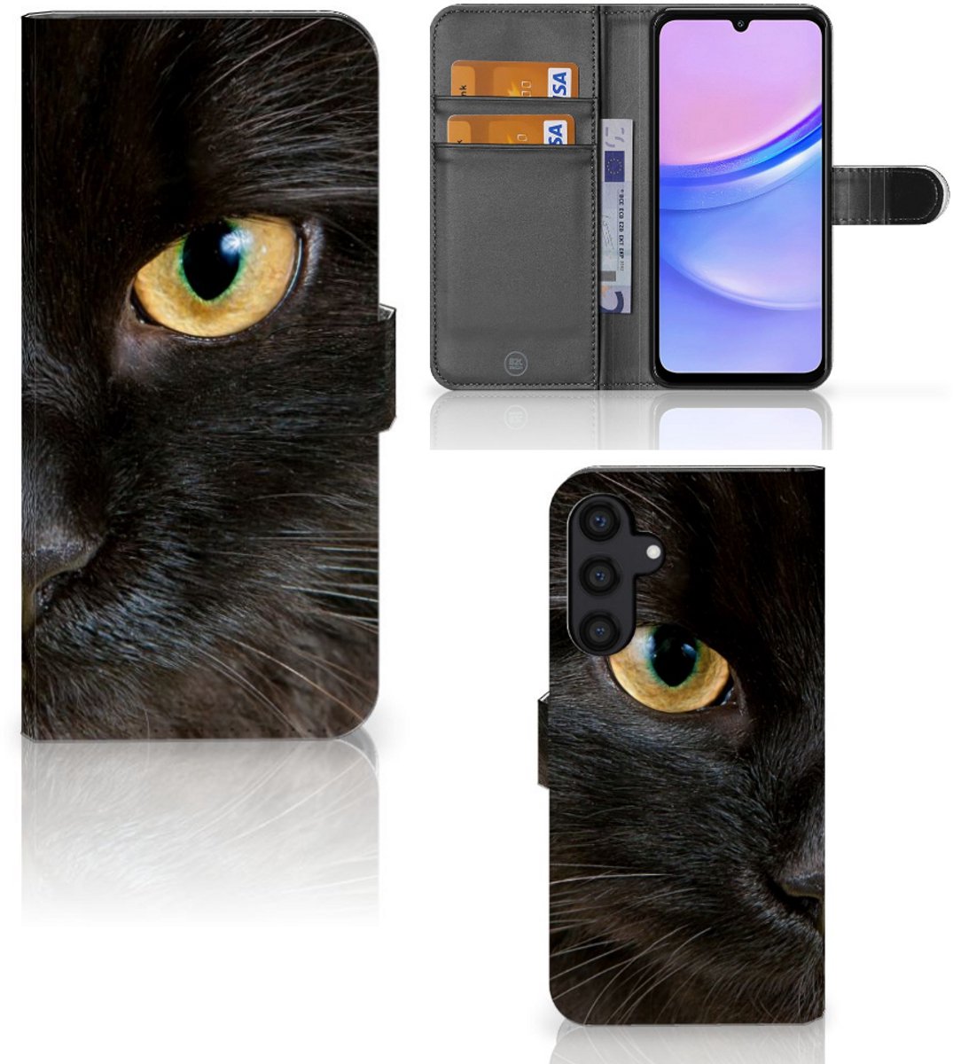 Samsung Galaxy A15 Telefoonhoesje met Pasjes Zwarte Kat