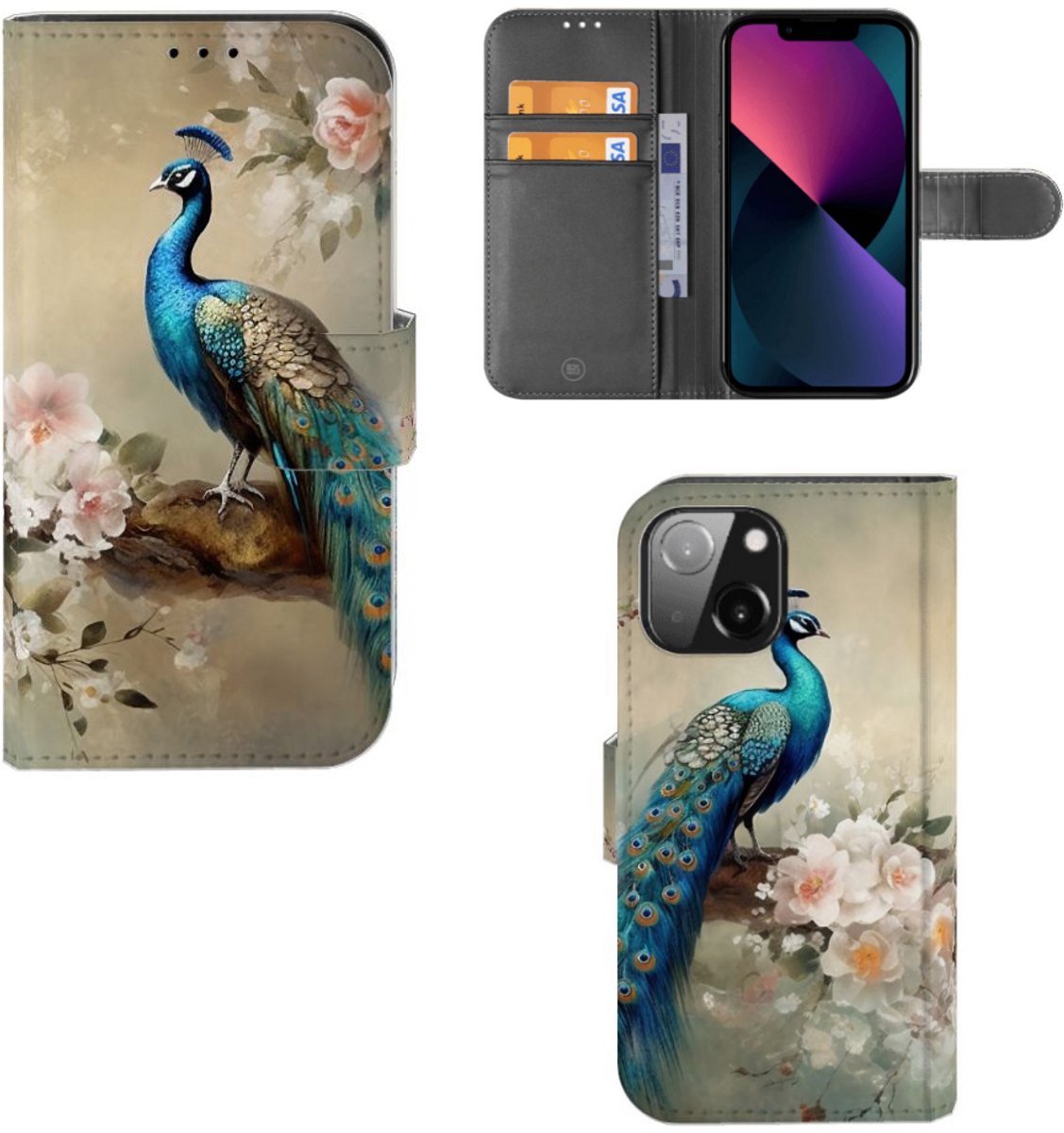 Telefoonhoesje met Pasjes voor iPhone 13 Mini Vintage Pauwen