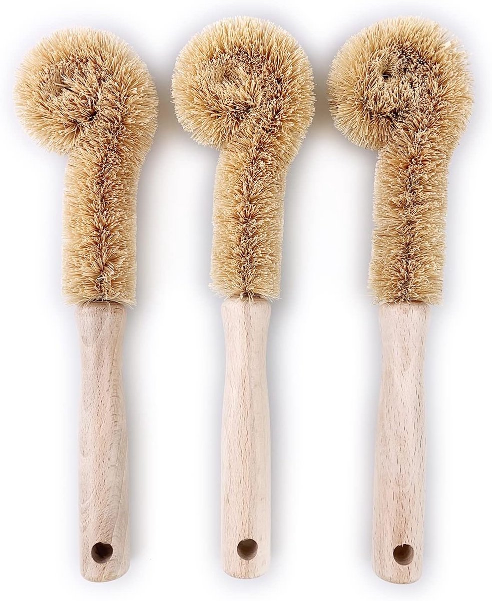 3 stuks reinigingsborstel, flessenborstel, melkbekerborstel, koffiekopborstel, potborstel, natuurlijke kokosvezelborstelkop, sterke houten handgreep, diepe reiniging, natuurlijke，23.5×3×3cm