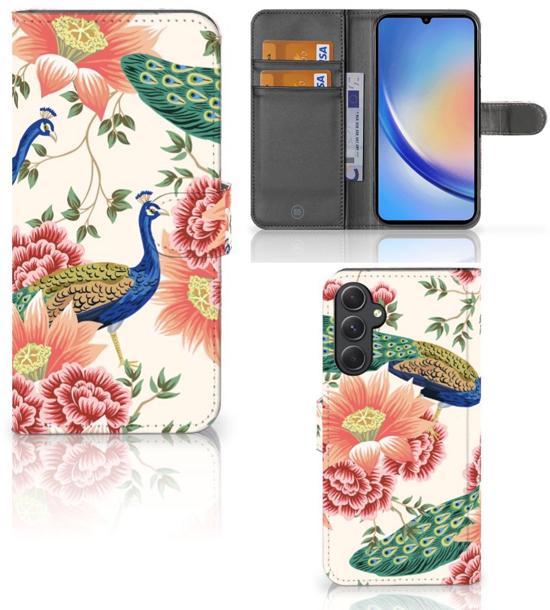 Telefoonhoesje met Pasjes voor Samsung Galaxy A24 4G Pink Peacock