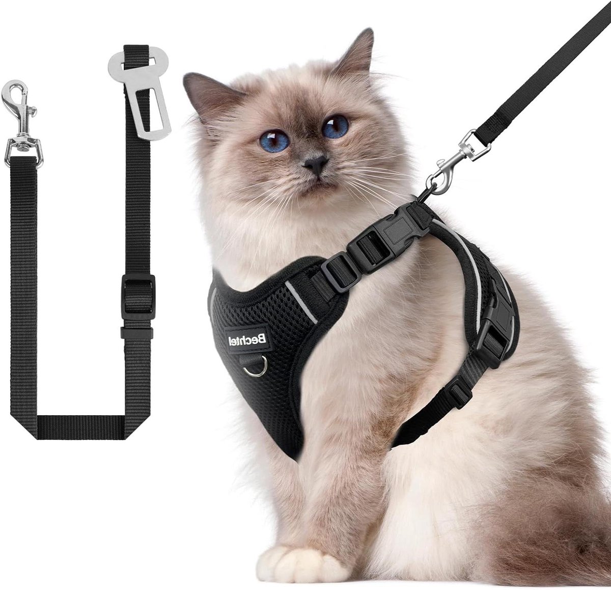 Kattenharnas en riem om te wandelen, de upgrade kan in vier richtingen worden aangepast en ademend kattenharnas voor anti-ontsnapping, dat kan worden gemonteerd en gepositioneerd, harnas met