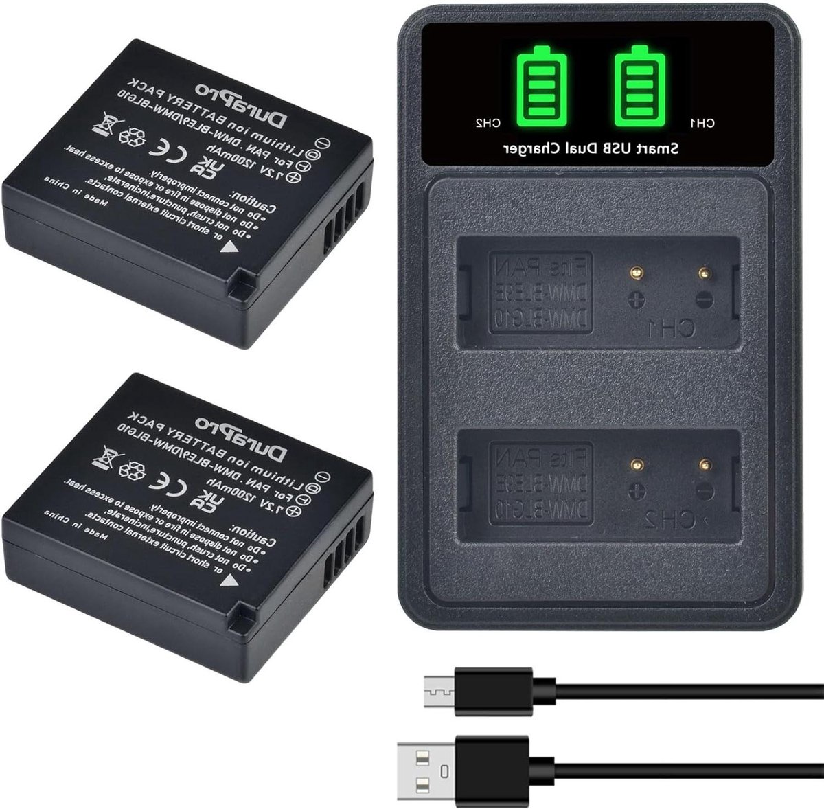 DuraPro 2 stuks DMW-BLE9 DMW-BLG10 accu + LED USB dubbele oplader met type c poort voor Panasonic DMW-BLG10E Lumix DC TZ202 GX9 DC-LX100 II TZ101 TZ91 TZ81 GF6 GX7 GX80 LX100