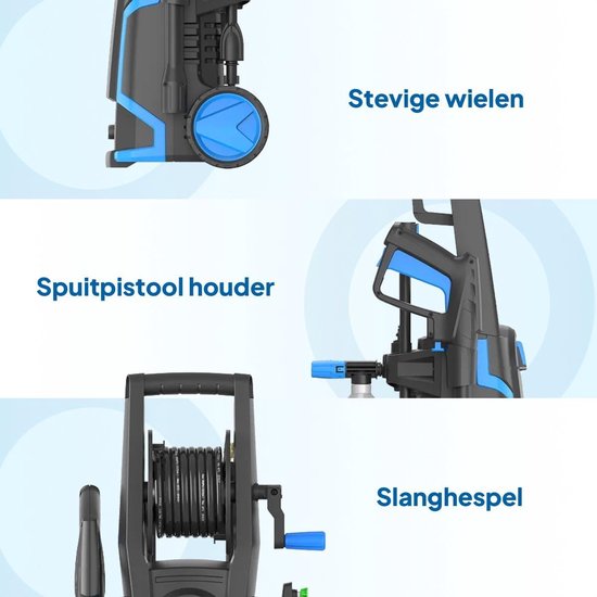 Hogedrukreiniger - Hogedrukspuit Reinigingsapparaat - Krachtig Reinigen - Inclusief Terrasreiniger - 135 Bar - Zwart en blauw — afbeelding 2