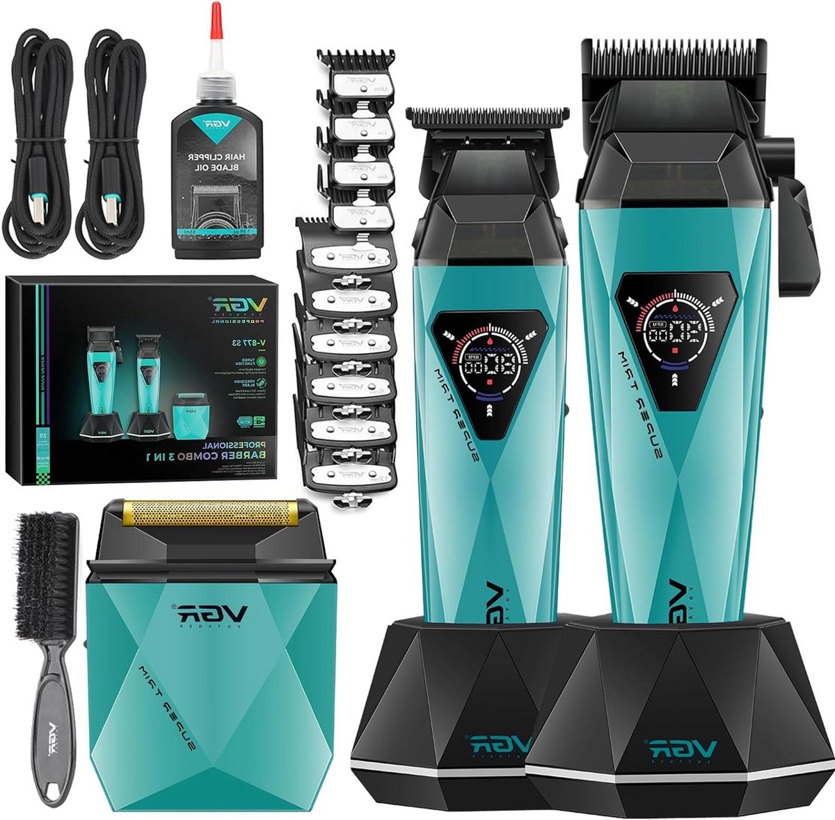 VGR 877S3 Professional Hair Clipper Set, Cordless Shaver with Titanium Coating, Men's Hair Clipper and Precision Trimmer with 8000/9000RPM Motor, Barber Set with Charging Dock, LED Display, Green