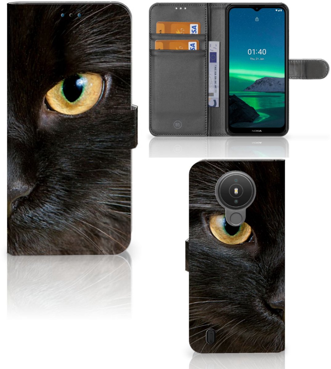 Nokia 1.4 Telefoonhoesje met Pasjes Zwarte Kat
