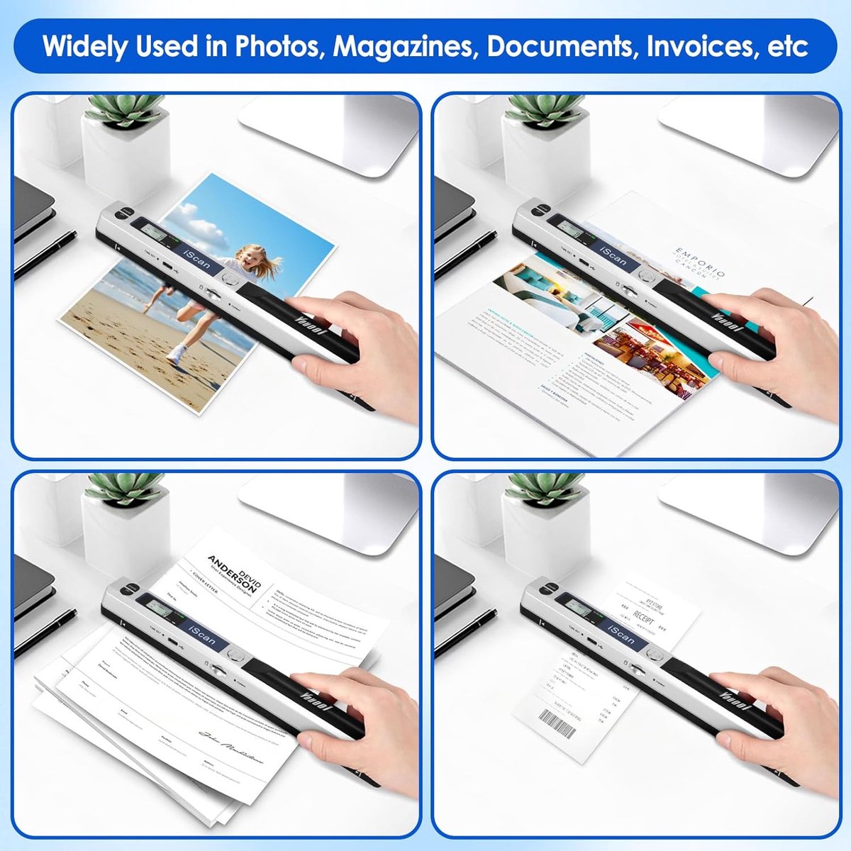 Handscanner, documentenscanner, A4, 900 dpi, hoge resolutie, kleurenfoto, draagbare scanner, JPG/PDF-formaat, USB 2.0, draagbare documentenscanner voor documenten, kwitanties, foto's (zilver) thumbnail 6