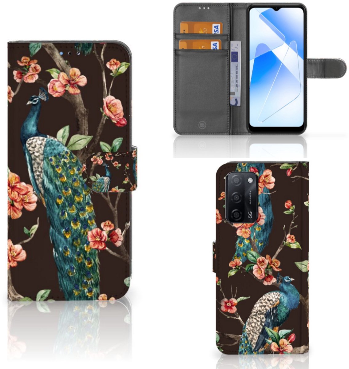 OPPO A16/A16s/A54s Telefoonhoesje met Pasjes Pauw met Bloemen