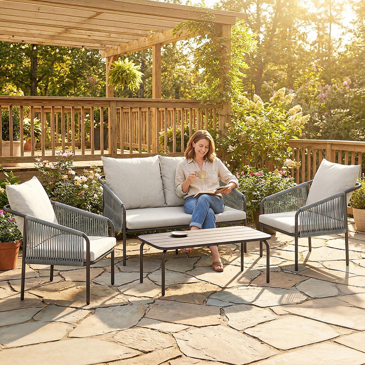 Pugsdrly Tuinset 4-delig polyrotan loungeset met tweezitsbank, 2 fauteuils, salontafel, afneembare kussens, bindbanden