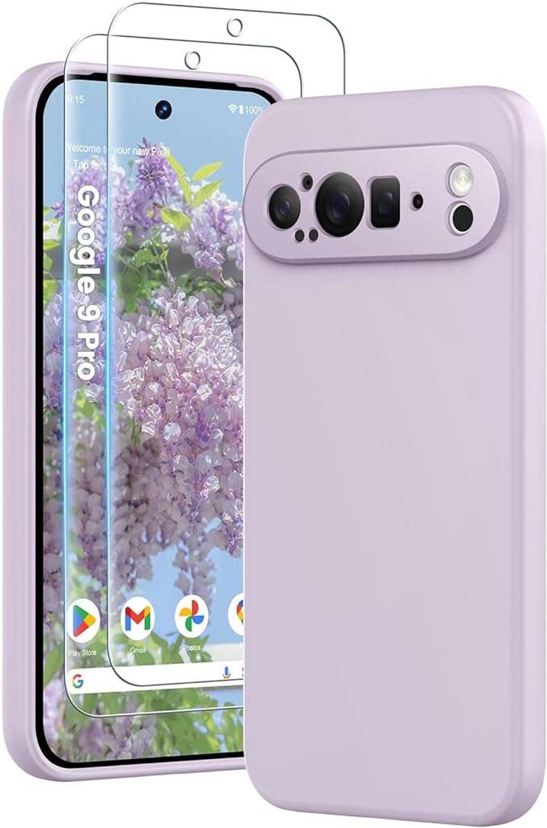 HuwaiH - Google Pixel 9 Pro Hoesje - Lila - Siliconen - Geharde Glazen Bescherming