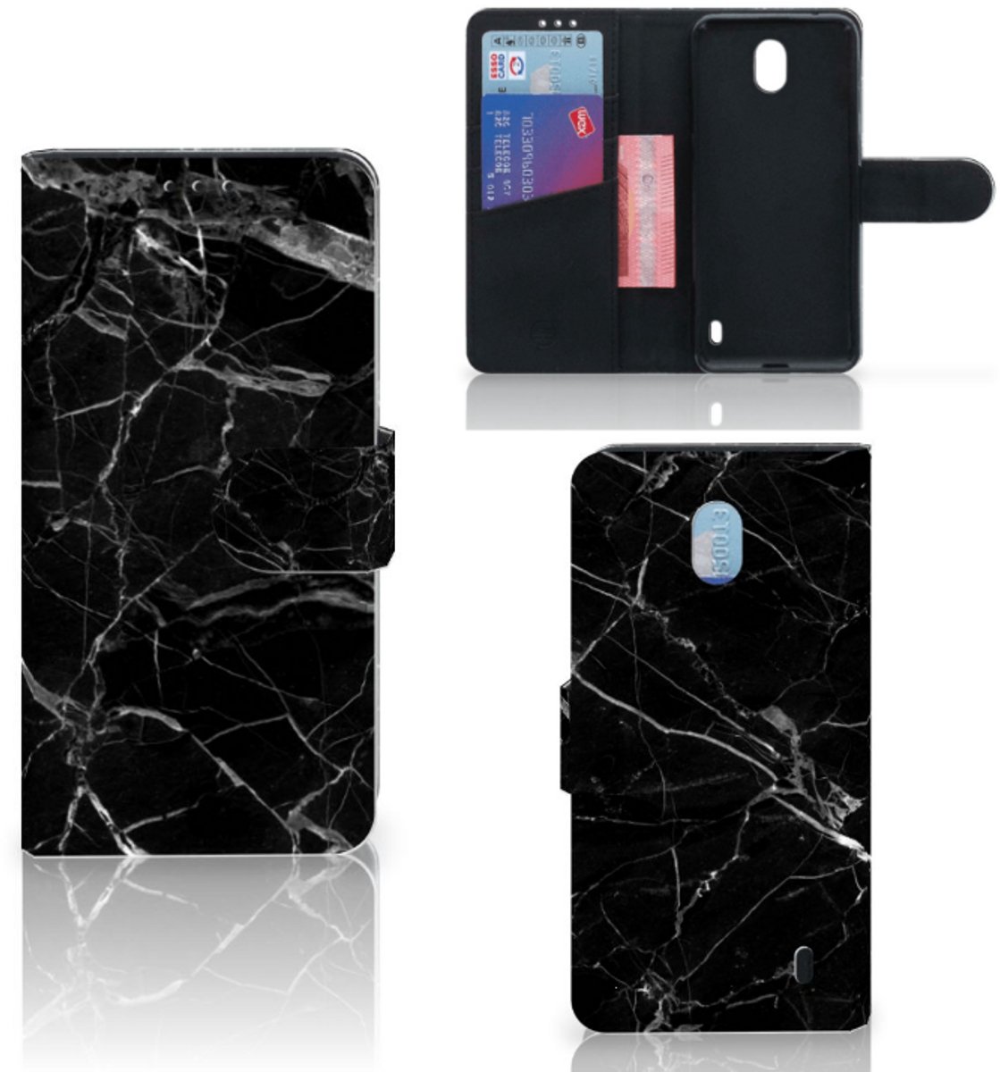 Book Case voor Nokia 1 Plus Bookcase Marmer Zwart - Origineel Cadeau Vader