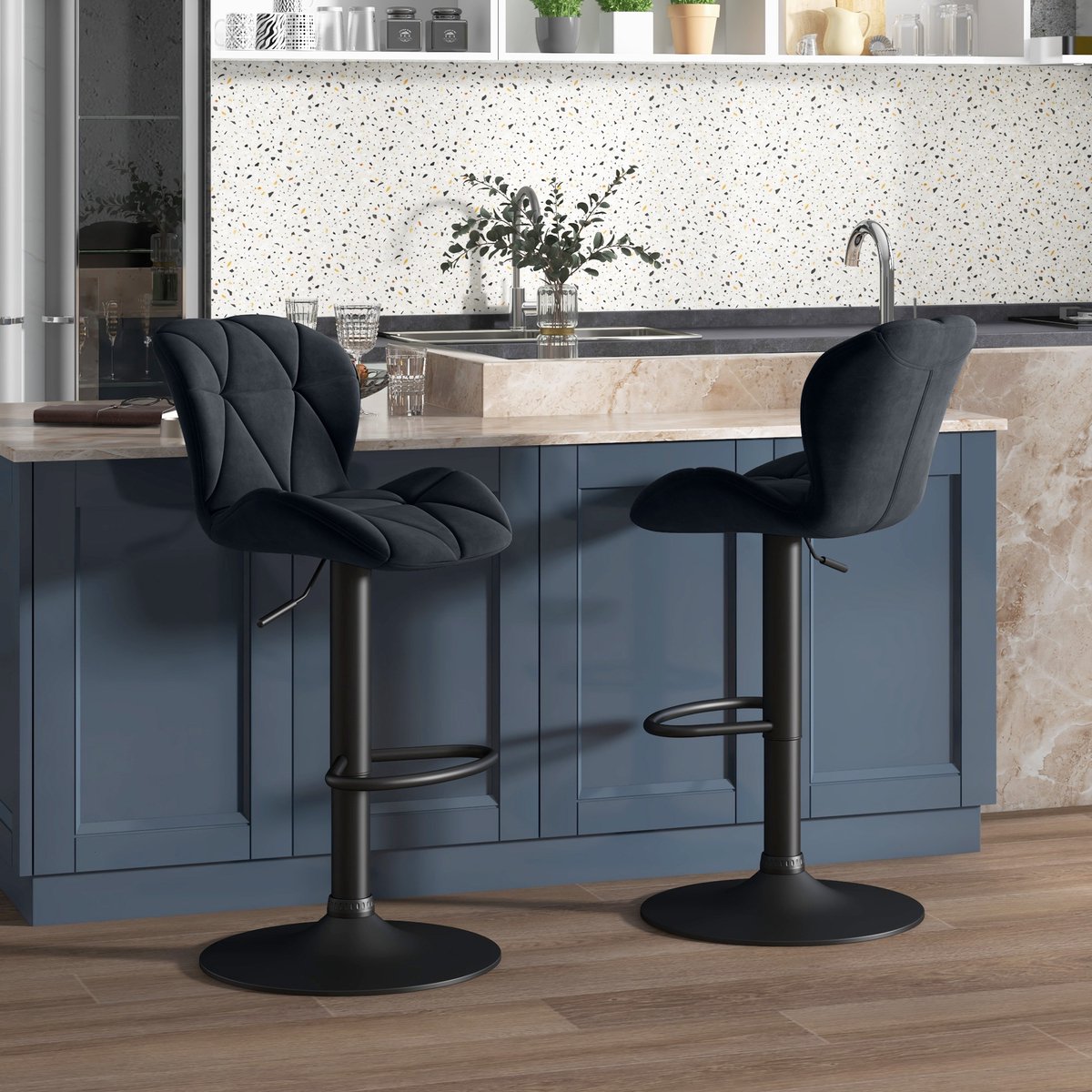 Wishdor Set Van 2 Barkrukken - Draaibare Zitting - Rugleuning En Verstelbare Hoogte - Modern Armloos Ontwerp Voor Keuken En Bar - Polyester Met Metalen Voet - Zwart - 51,5 X 57,5 X 93-114,5 Cm