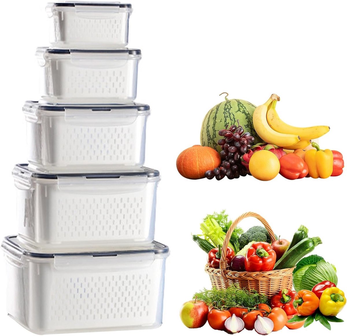 Set van 5 Transparante Plastic Opbergdozen voor de Koelkast - Ideaal voor Fruit, Groenten en Vleesopslag