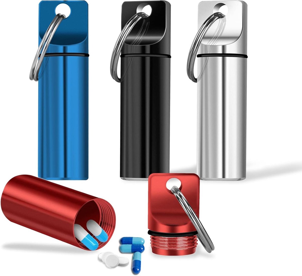 4 Stuks Mini Pillendoos Sleutelhanger - Draagbare Aluminium Pillen Organizer voor Reizen, Waterdichte Pillenhouder voor Kamperen en Outdoor Activiteiten