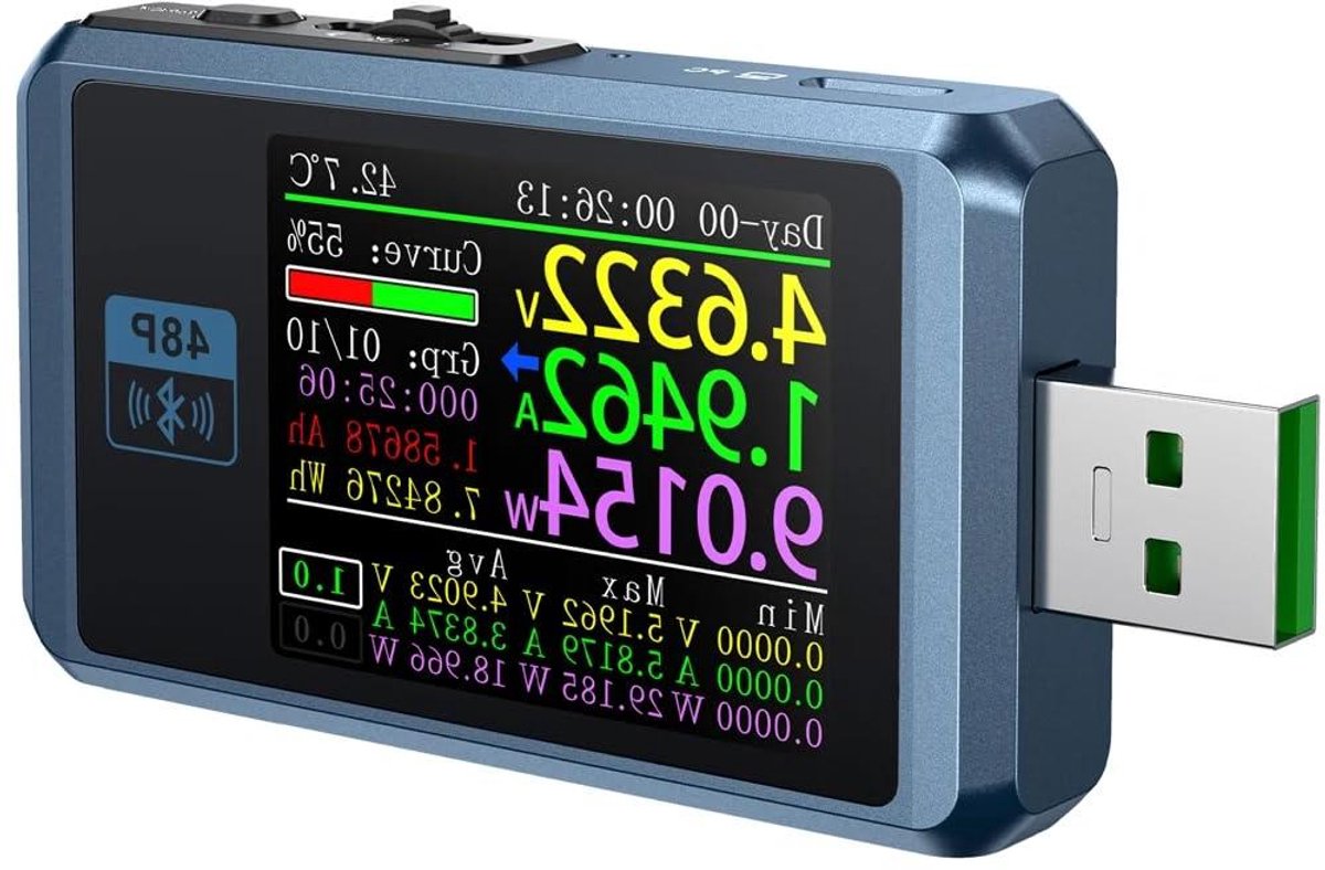 USB Tester - Stroommeter Voltmeter - Opladen Monitoren - 6-cijferig display - 4.77 inch scherm - Zwart