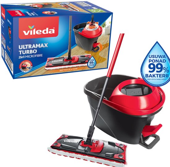 Balai microfibre Vileda Ultramax Turbo 2-en-1 avec seau rouge et noir et essoreuse, avec affirmation antibactérienne de 99%.