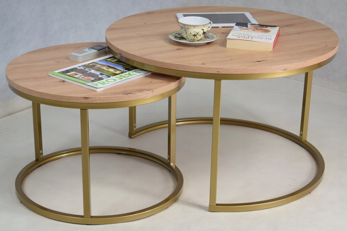 FutuStal - Okrągłe Salontafel Set - Złoty - Dąb Artisan - 2w1