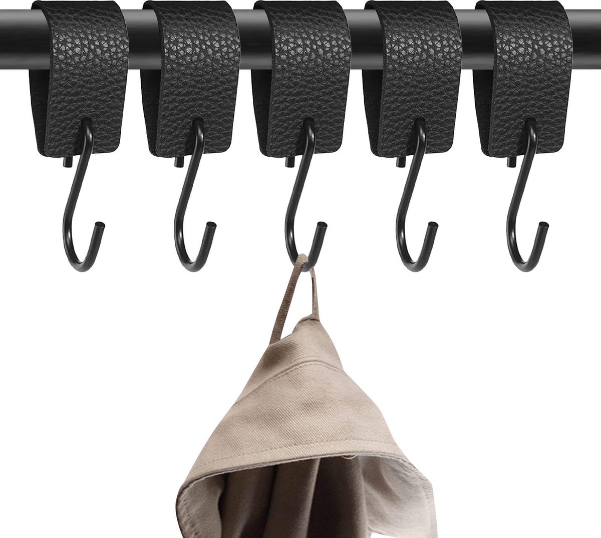S Haak Zwart met Leren Lus - 5 Stuks Multifunctionele Kledinghaken voor Camping en Thuis