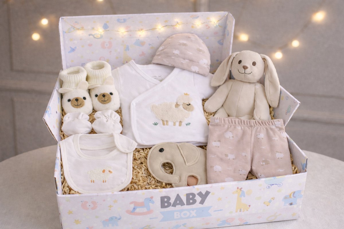 Blijeitje - Luxe 8-delige babycadeauset Beige – Kraamcadeau Unisex - Babyshower & Gender Reveal Cadeau Giftset – Tutpop ollie, Konijn Rammelaar, Babymutsje, Shirtje, Broekje, Slabbetje & Slofjes - Neutraal Schaap Design