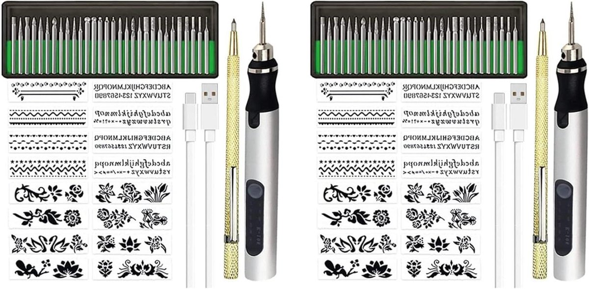 2 x oplaadbare draadloze mini graveerpen DIY graveren gereedschap kit voor metaal glas keramiek kunststof sieraden sjablonen B