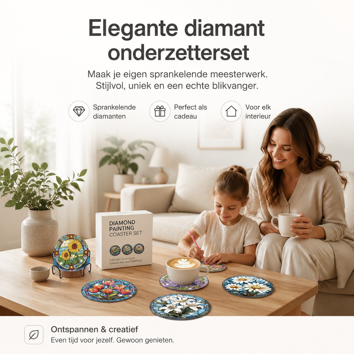 BOTC Diamond Painting - Onderzetters met Houder - Set van 8 - Pakket Volwassenen en Kinderen - Cadeau — afbeelding 3