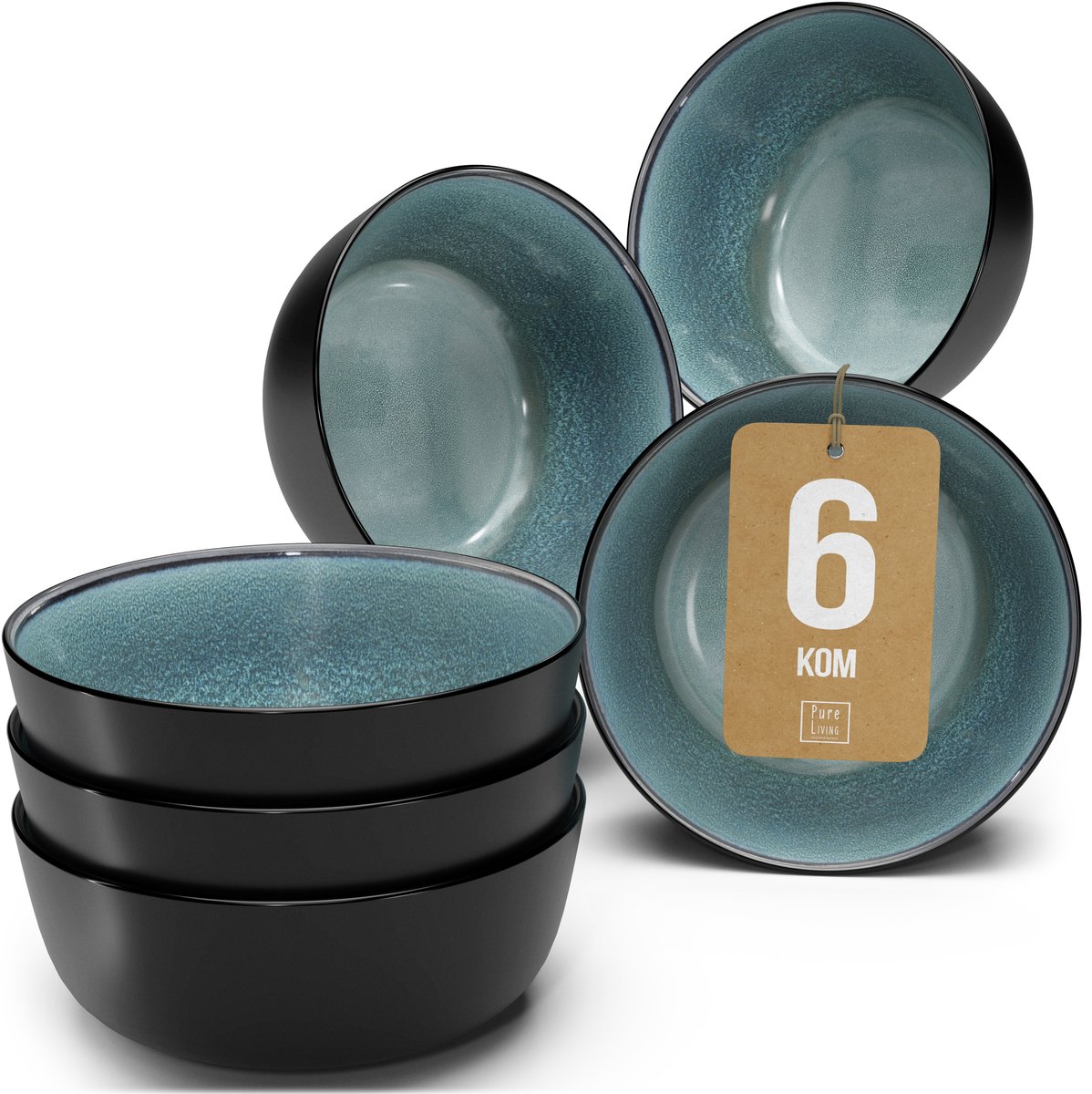 Pure Living Set Van 6 Kommen - 700ml - Grijsblauw - Aardewerk - Vaatwasserbestendig - Magnetronbestendig - Ibiza Dark