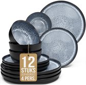 Pure Living Ibiza Dark Serviesset 4 persoons - 12-delig - Blauw (Rookblauw) - Aardewerk - Magnetron & Vaatwasserbestendig