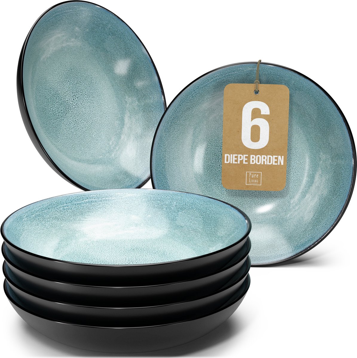 Pure Living Set Van 6 Diepe Borden - Ø 20 cm - Grijsblauw - Aardewerk - Vaatwasserbestendig - Magnetronbestendig - Ibiza Dark